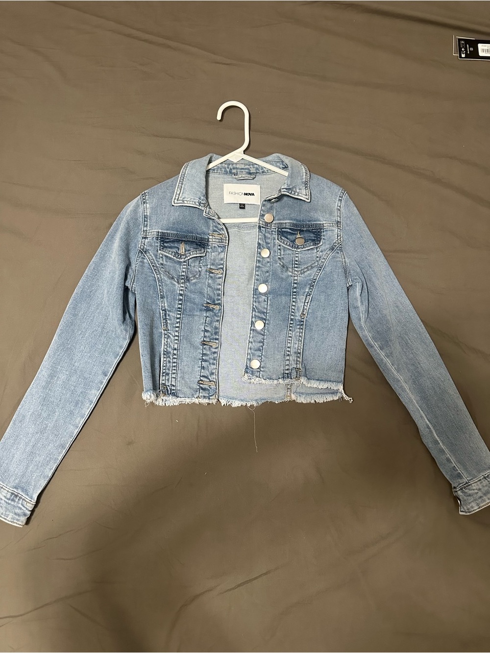 Fashion Nova Light Blue Cropped Denim Jacket with Raw Hem